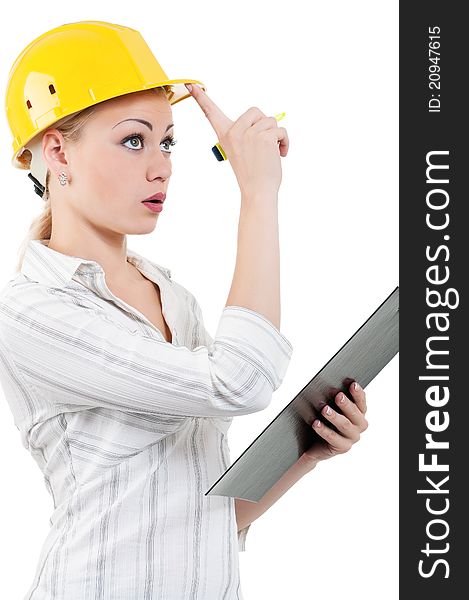 Portrait of attractive architect girl with hard hat - isolated on white background