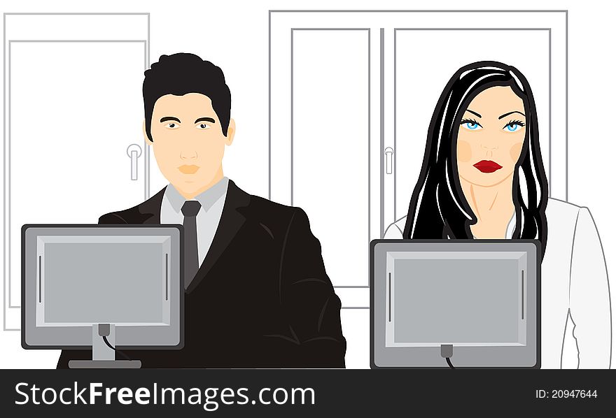 Illustration men with woman working at computer. Illustration men with woman working at computer