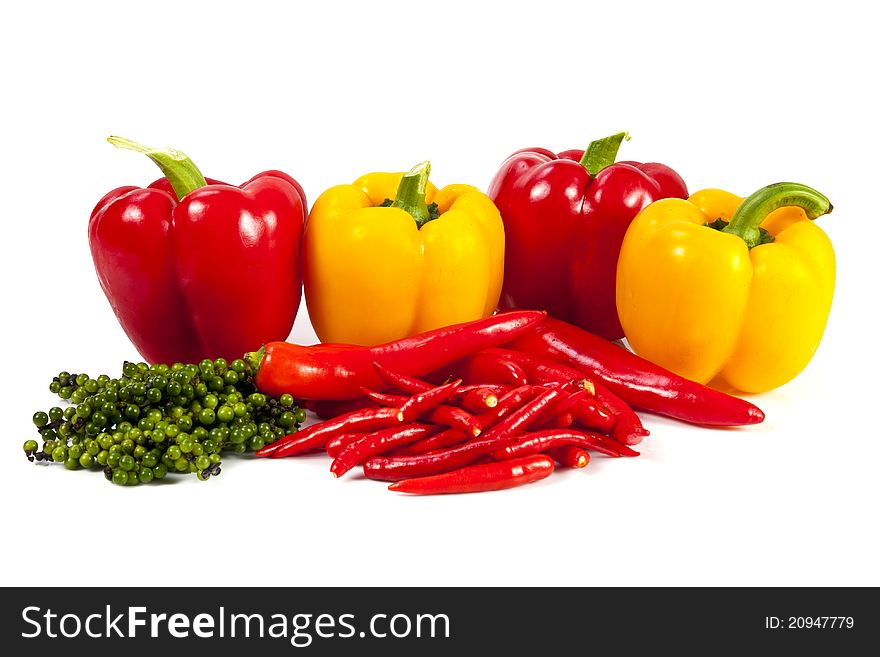Mix chili and pepper on the white background