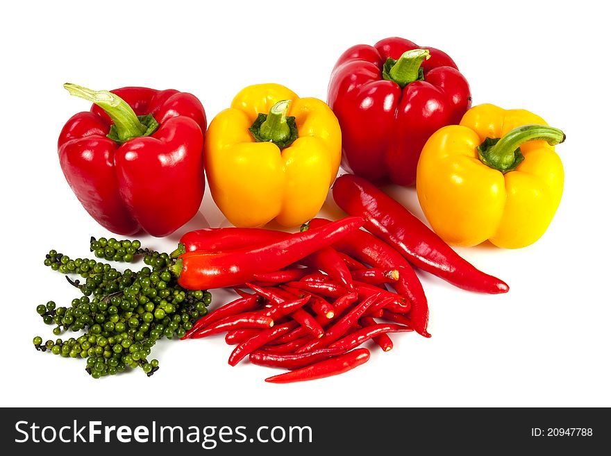 Mix chili and pepper on the white background