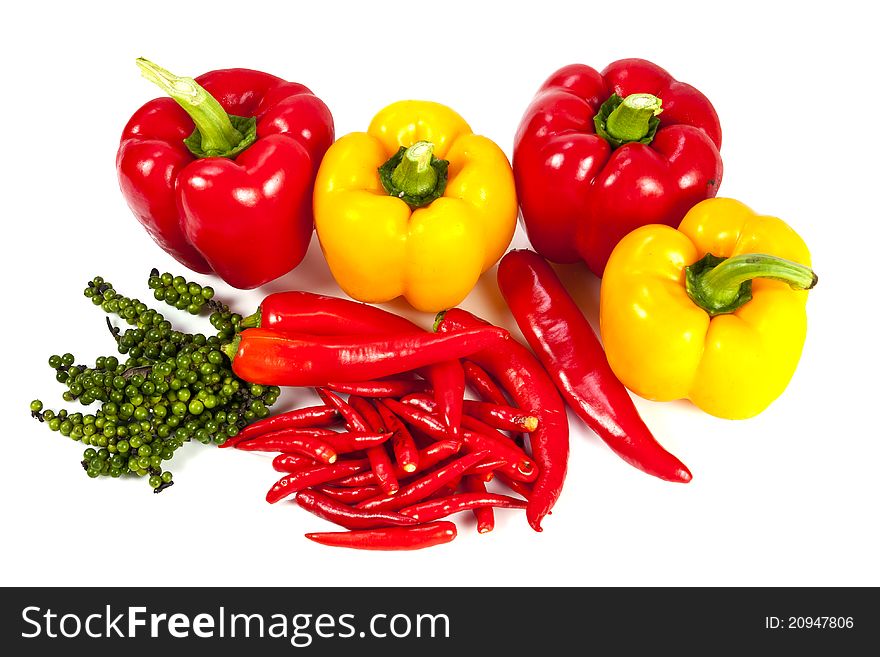 Mix chili and pepper on the white background