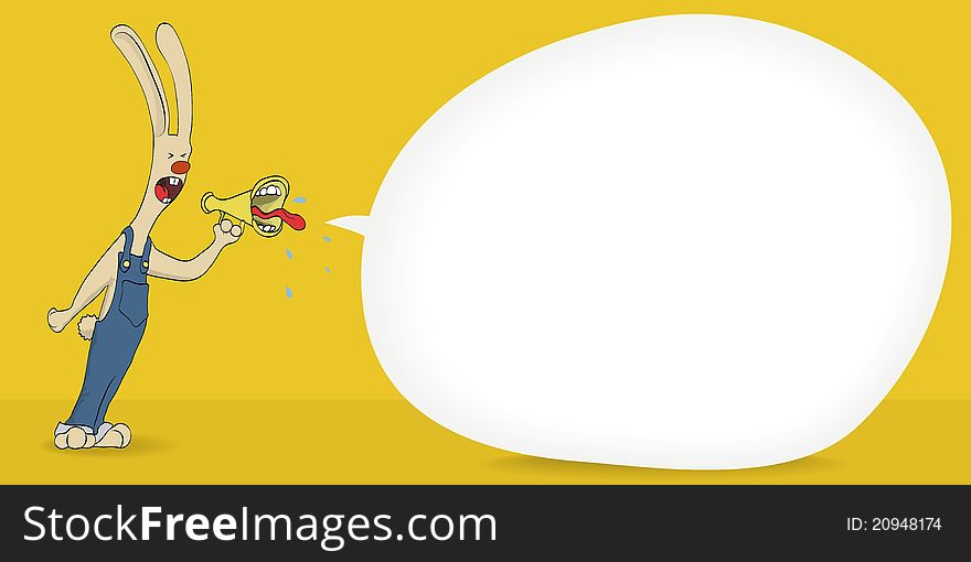 Abstract background, fabulous funny bunny worker shouting into a megaphone, a lot of space for your text or message. Abstract background, fabulous funny bunny worker shouting into a megaphone, a lot of space for your text or message
