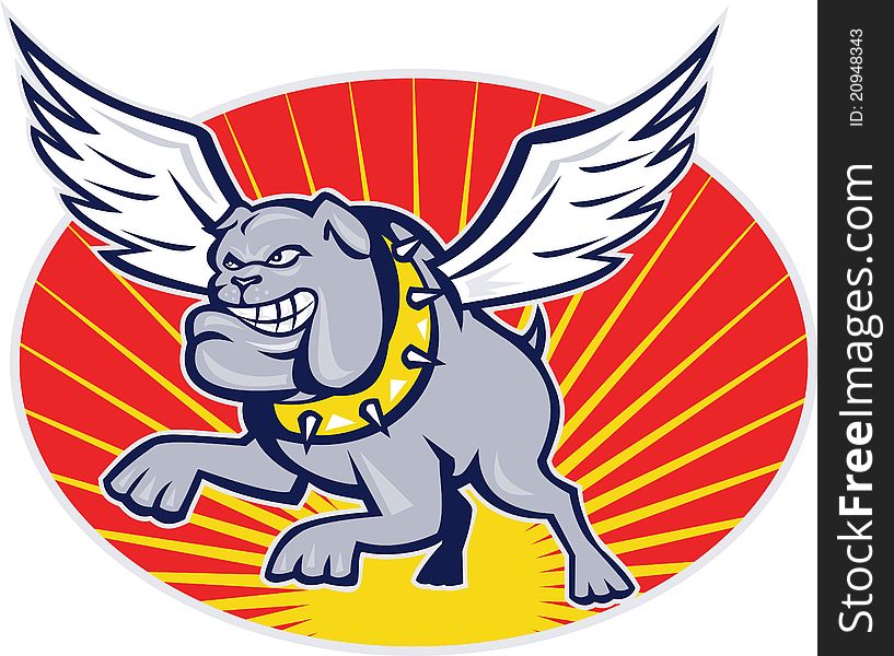 Cartoon illustration of a bulldog with wings flying set inside oval with sunburst on isolated background. Cartoon illustration of a bulldog with wings flying set inside oval with sunburst on isolated background