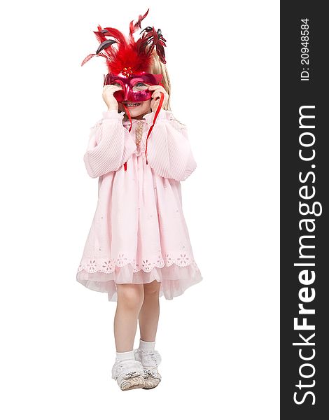 Little girl in a red mask in studio isolated on a white background