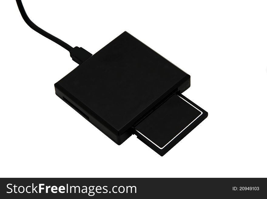 USB 2.0 high speed black card reader device with CF card, isolated on white background