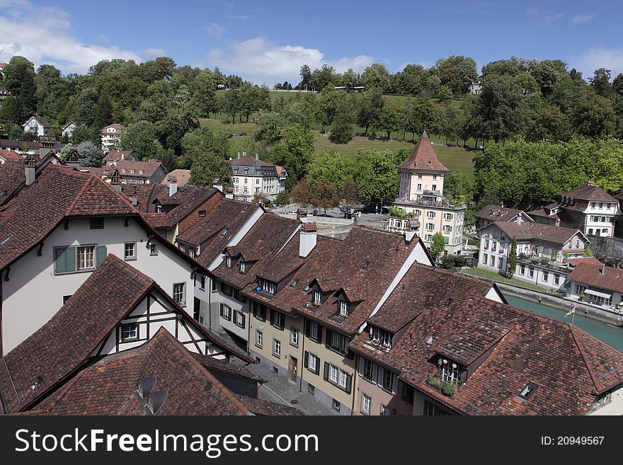 The view of top of roofs in the center part of Bern, Switzerland. The view of top of roofs in the center part of Bern, Switzerland.