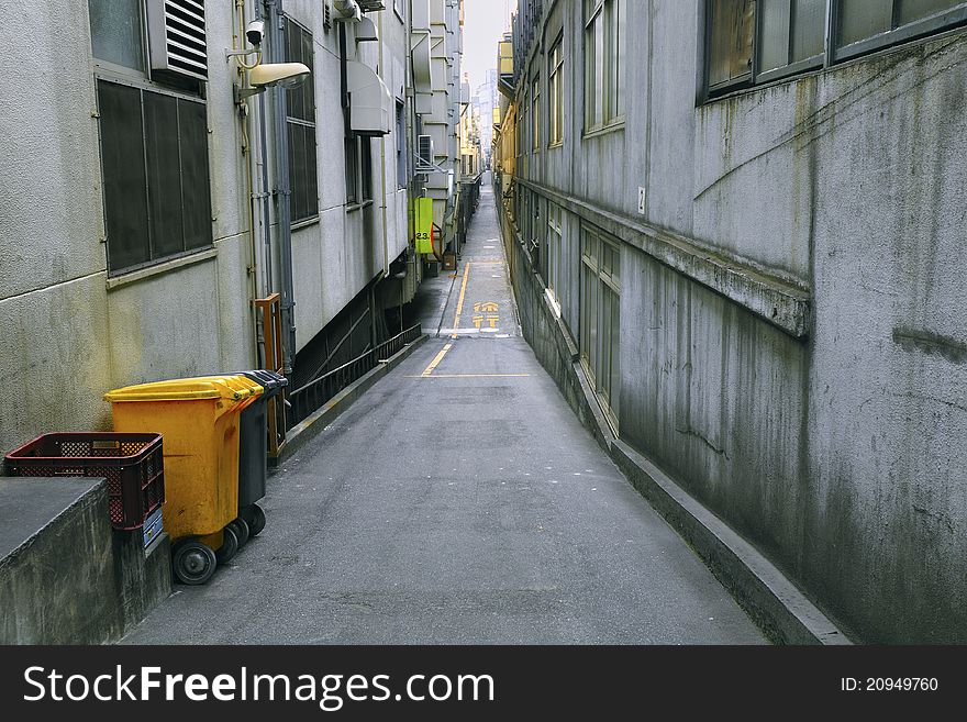 Very long and straight backyard pathway with yellow waste urn in Tokyo city