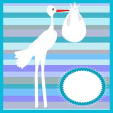 Stork Delivering A Baby On Striped Blue Background Royalty Free Stock Photography