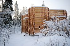 Unfinished Wooden Country House In Winter Stock Image