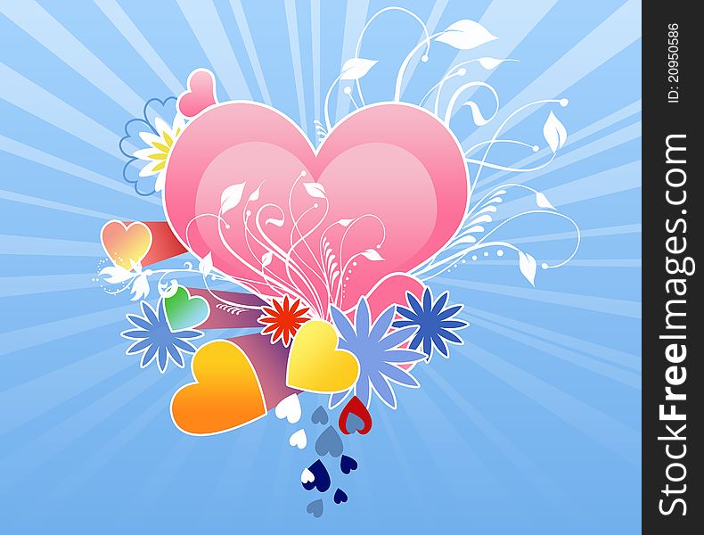 Pink and colorful hearts with floral elements on the sunburst background. Pink and colorful hearts with floral elements on the sunburst background