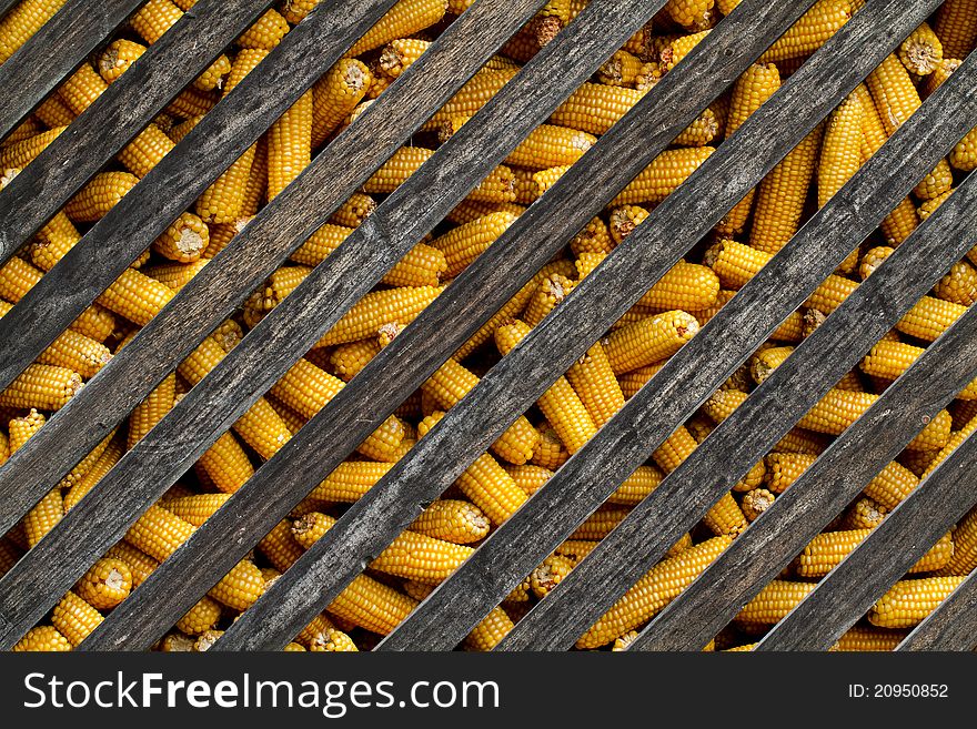 Corn supplies in a wooden barn