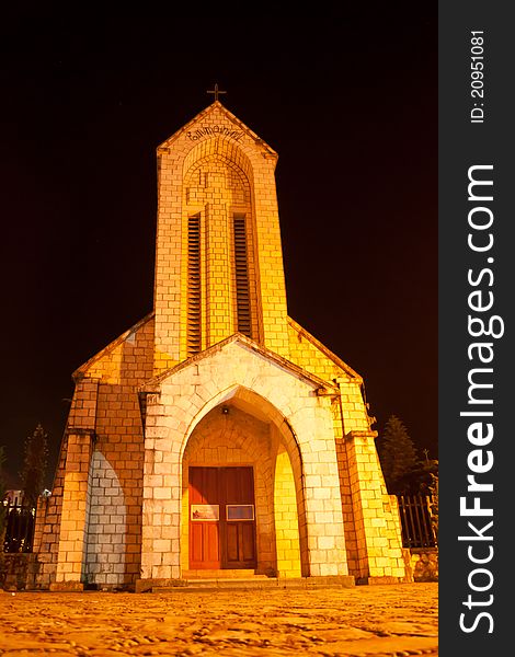A french church in the evening lights. Was built by the French in Sapa town during occupation of Vietnam.