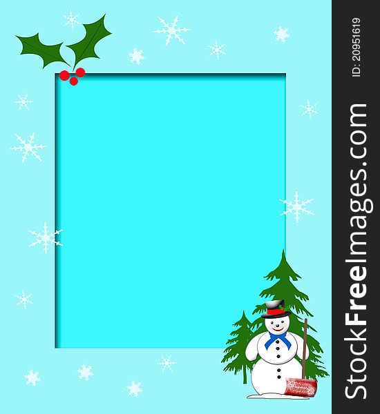 Snowman with shovel on blue background illustration. Snowman with shovel on blue background illustration