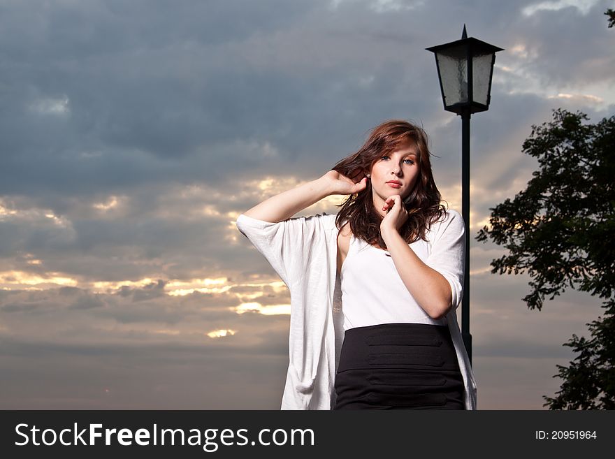 Woman At Sunset, Sub Beams As Background