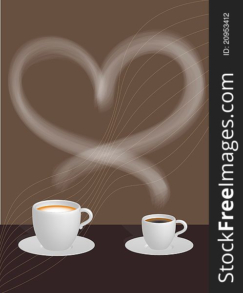 Two cups of coffee conected by aroma heart. Two cups of coffee conected by aroma heart