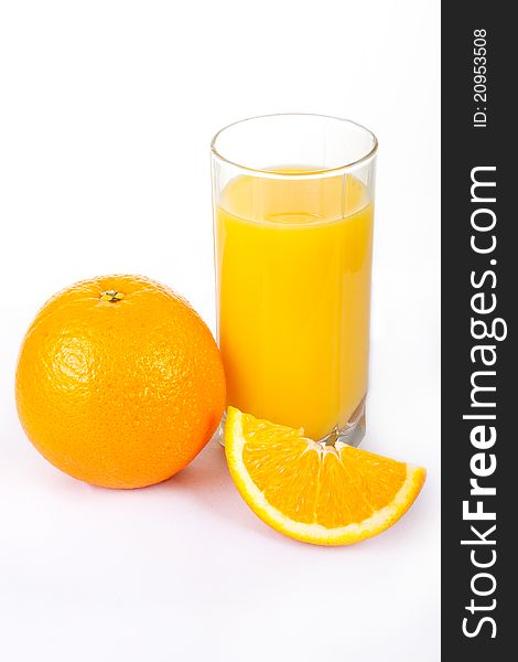 Orange juice and fruit isolated on white