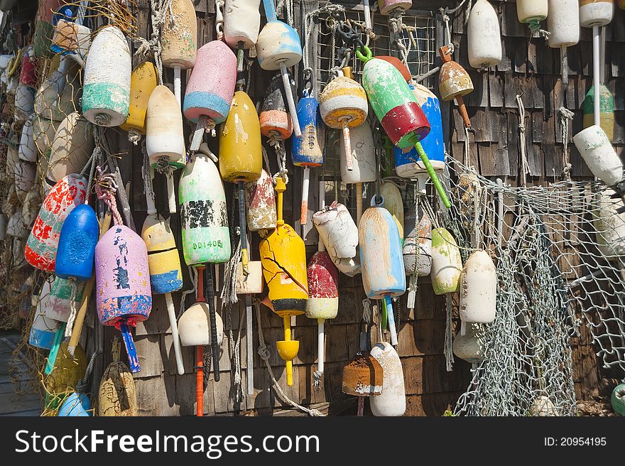 Fishing buoys hanging on a fishing shack