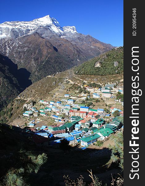 Veiw looking down on Namche Bazaar taken on a walk throught the Everest Mountain range.