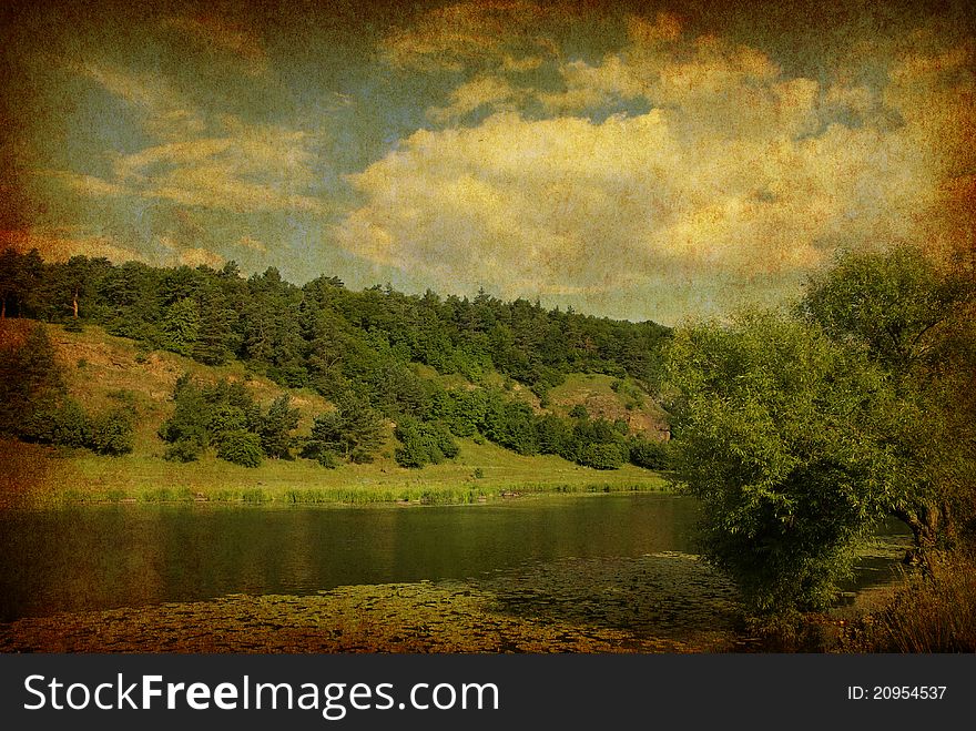 Landscape - meadow,Grunge blue sky and river. Landscape - meadow,Grunge blue sky and river
