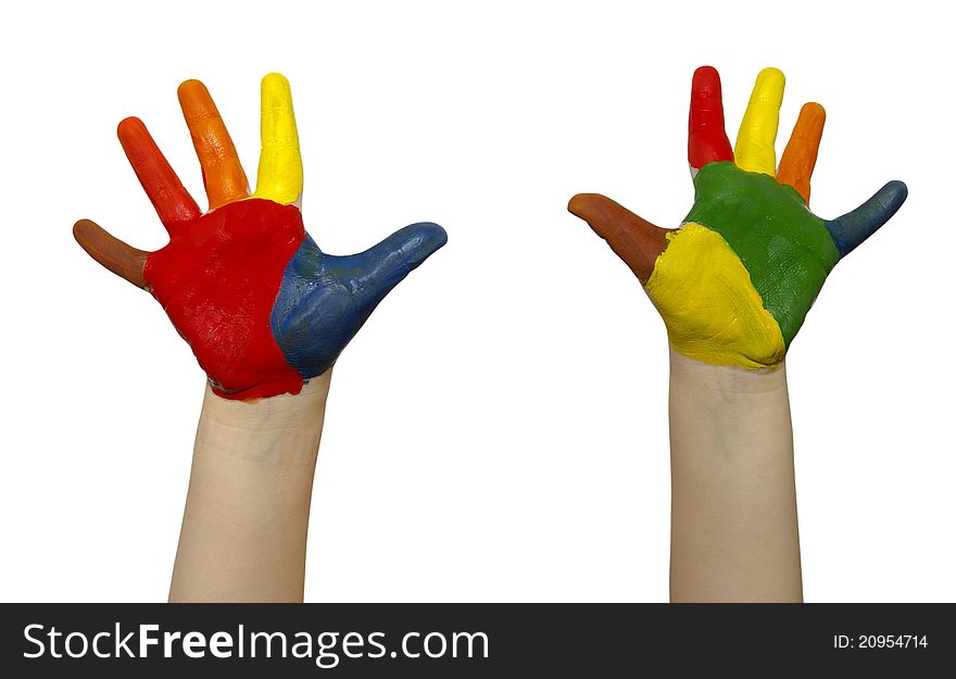 Child hands painted in colorful paints ready for hand prints