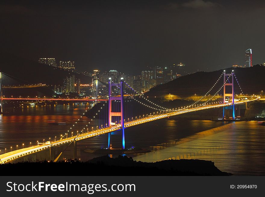 Tsing Ma Bridge at night in Hong Kong