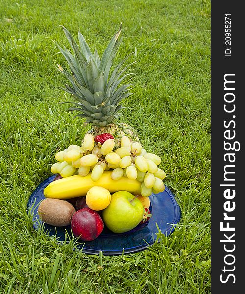 Pile Of Fresh Exotic Fruits In Grass