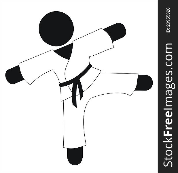 A karateka kicking in a training in black and white. A karateka kicking in a training in black and white