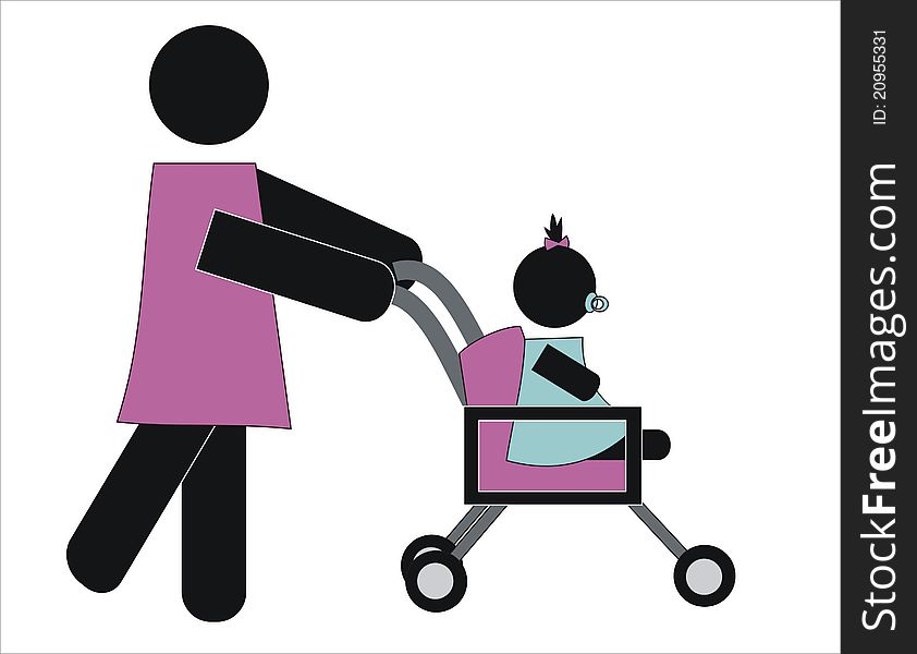 Woman walking her daughter in baby carriage. Woman walking her daughter in baby carriage