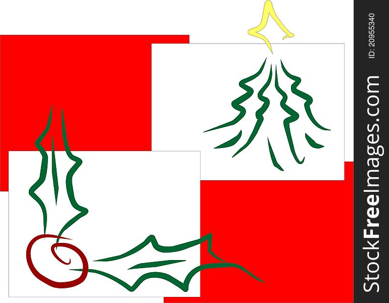 Christmas card in red and white with a tree