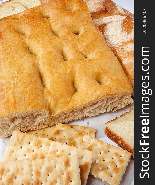 Closeup Of Genoese Focaccia, Bread And Crackers.