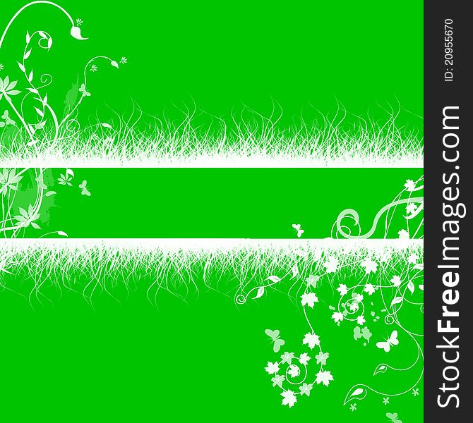 A bold green background with a white grass copyspace and floral patterns. A bold green background with a white grass copyspace and floral patterns