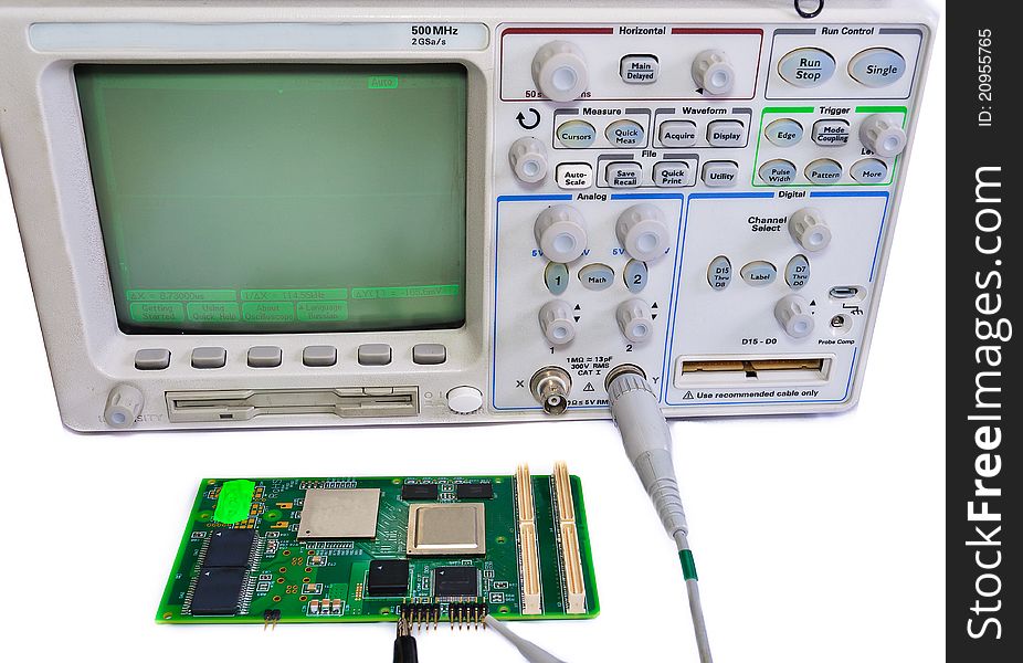 Workplace for the repair of electronics. Oscilloscope and the board on a white background