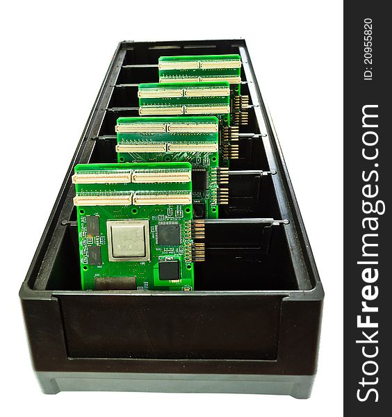 Several printed circuit boards in a container