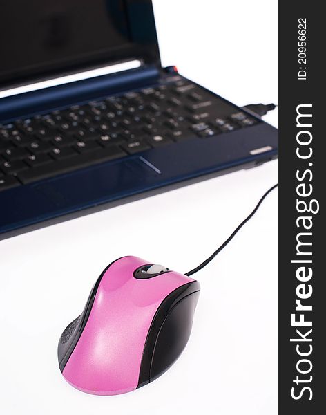 Pink usb mouse and netbook on white background