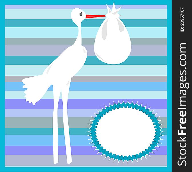 Stork delivering a baby on striped blue background