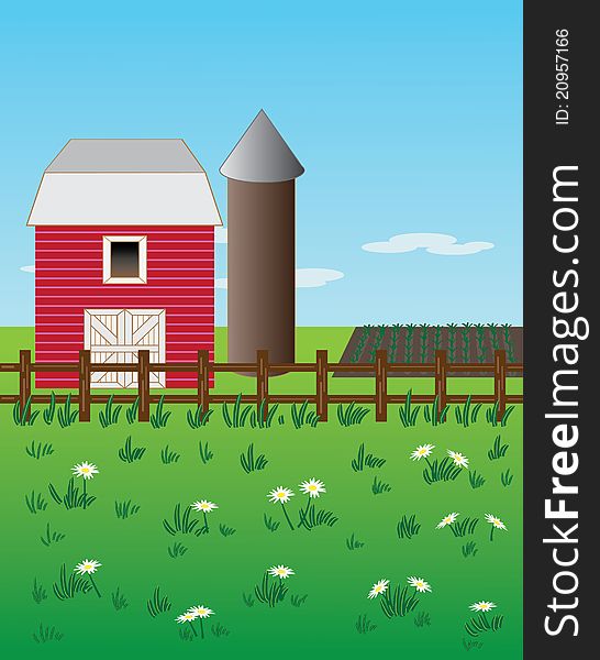 Rural farm scene with red barn, wooden fence, silo and crop field. Rural farm scene with red barn, wooden fence, silo and crop field