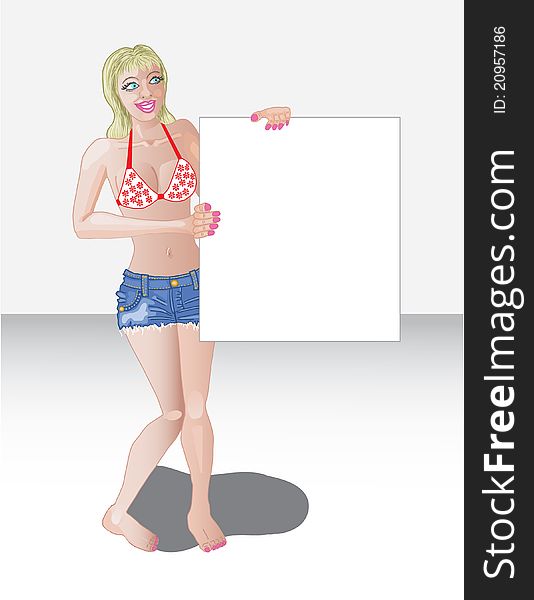 Blonde haired young woman in swimsuit top and jeans cutoff shorts holding blank sign for your text. Blonde haired young woman in swimsuit top and jeans cutoff shorts holding blank sign for your text.