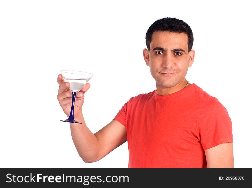 Cute man stands with a glass on white. Cute man stands with a glass on white