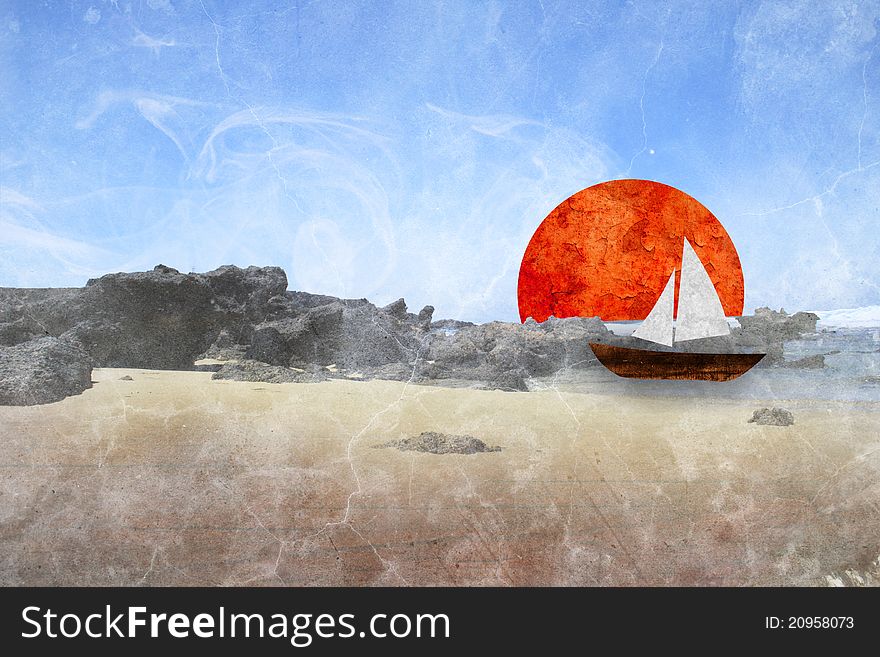 Sailboat and sun, sea illustration. Sailboat and sun, sea illustration