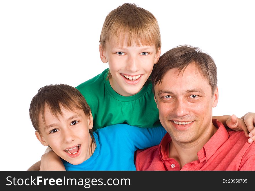 Happy dad with his sons on a white. Happy dad with his sons on a white