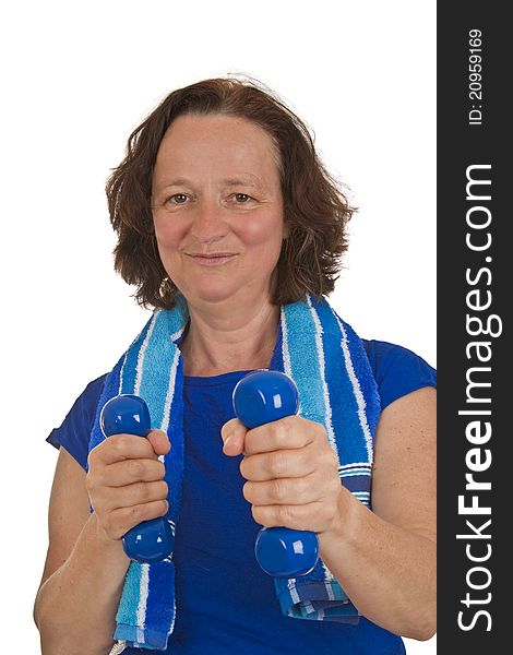 Middle aged woman with dumbbells isolated on white background. Middle aged woman with dumbbells isolated on white background