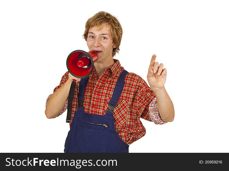 Young handcrafter with megaphone isoladet on white background. Young handcrafter with megaphone isoladet on white background
