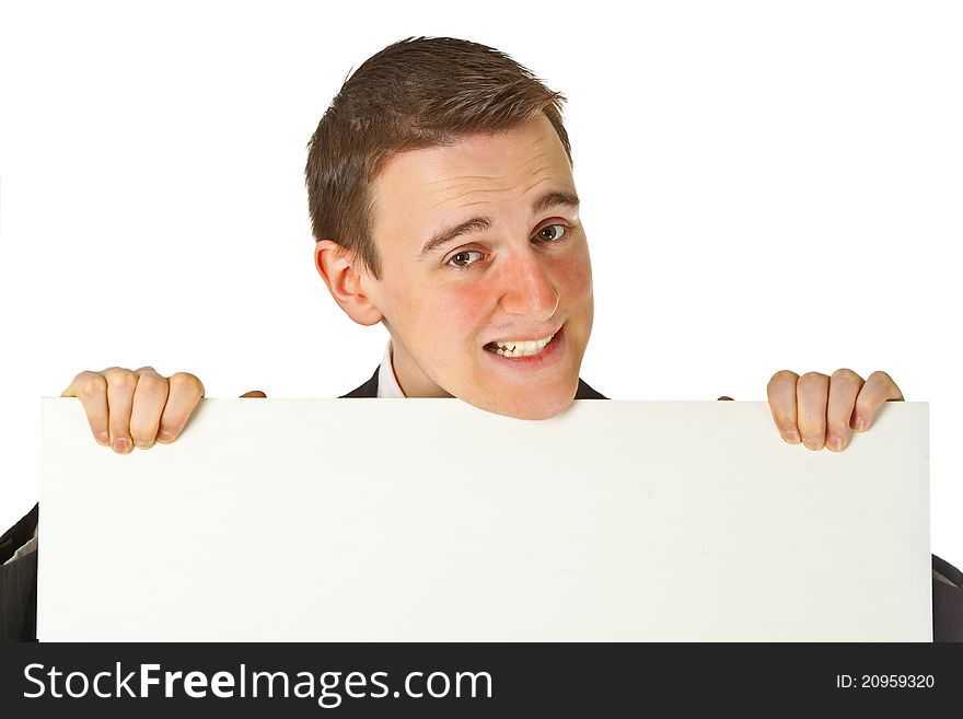 Young businessman with white board