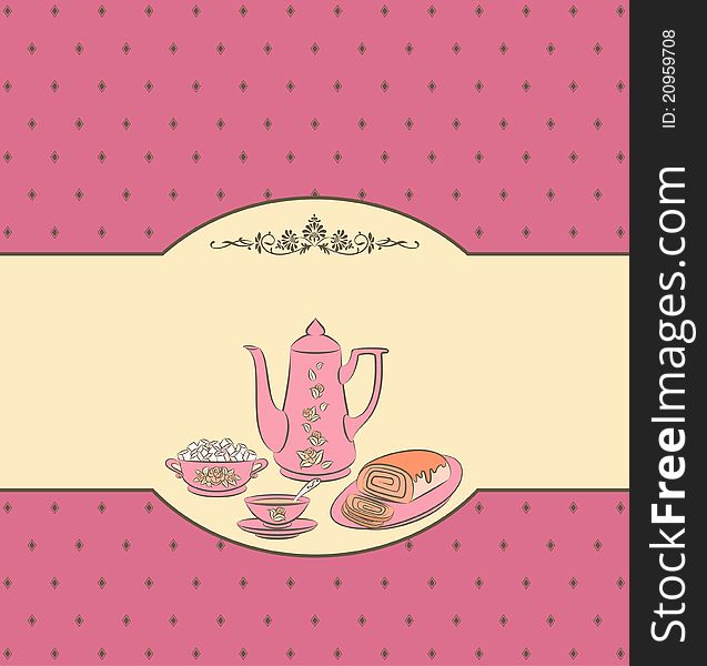 Vintage tea set and sweet cakes.illustration for a design