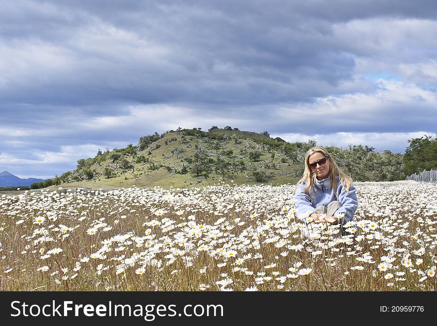Woman sitting in a lovely daisy field. Woman sitting in a lovely daisy field