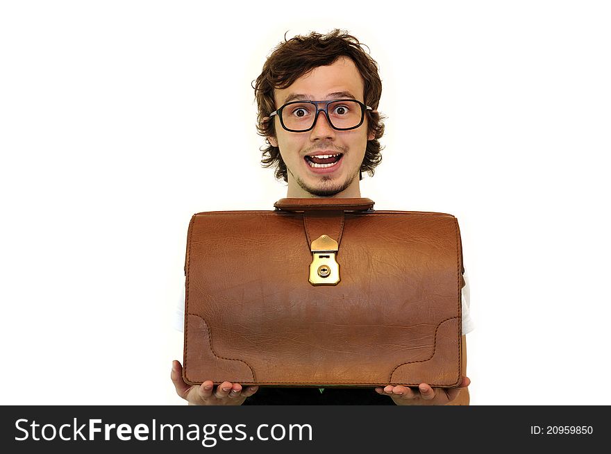 Surprised modern businessman holding the brown case. Isolated on the white background. Surprised modern businessman holding the brown case. Isolated on the white background.