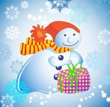 Background With Snowman, Gift  And Snow Stock Photos