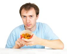Man Eats French Fries Isolated Stock Photo Man Eats French Fries Isolated Stock Photo