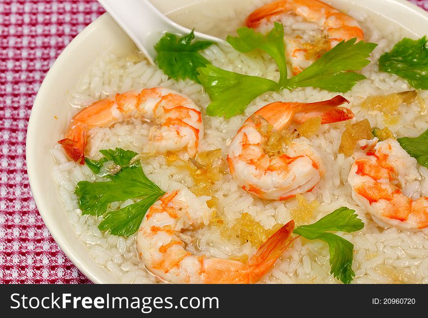 Shrimp rice gruel , thai local food.