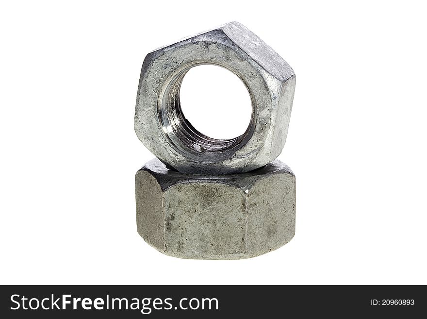 Two metal nuts isolated on a white background.
